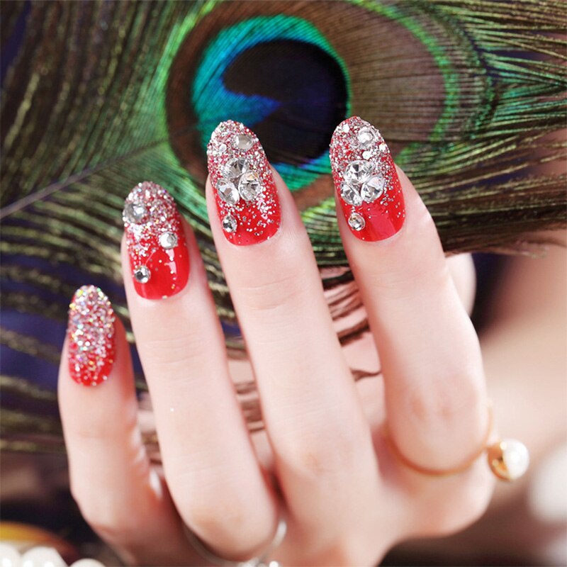 designer Crystal Flowers  with stones Press-on Nails 24 Pcs Set