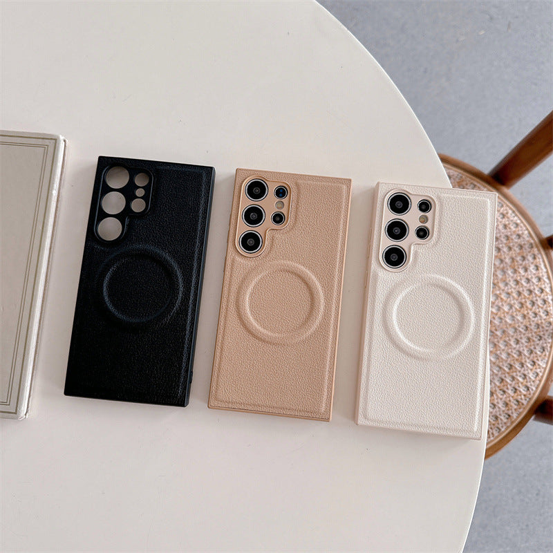 Plain Leather Magnetic Phone Case Drop-resistant Protective Cover