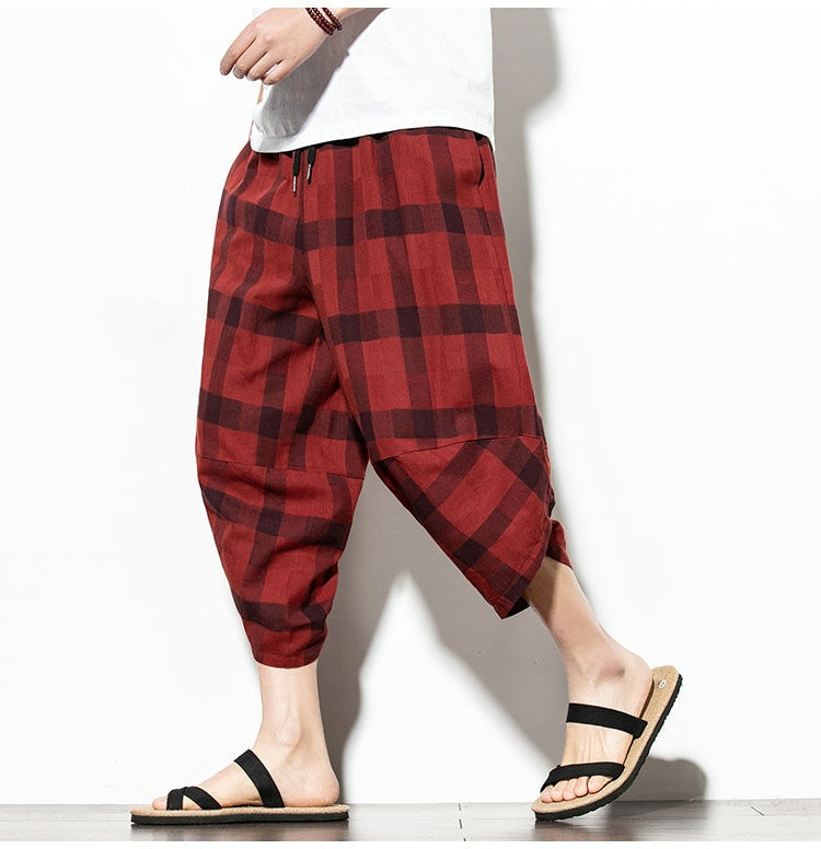 Streetwear Mens Cotton Beach Pants Male Summer Casual Calf-Length Pants Man Plaid Hip Hop Baggy Loose Trousers