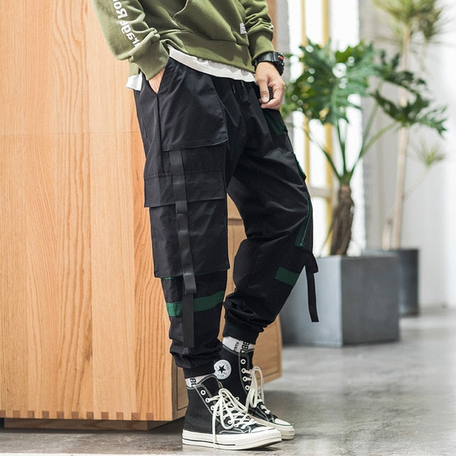 Streetwear Hip Hop Cargo Pants Spring Autumn Mens Baggy Pockets Ribbon Joggers Pants Men Japanes Style Black Harem Pants