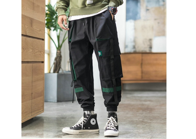 Streetwear Hip Hop Cargo Pants Spring Autumn Mens Baggy Pockets Ribbon Joggers Pants Men Japanes Style Black Harem Pants