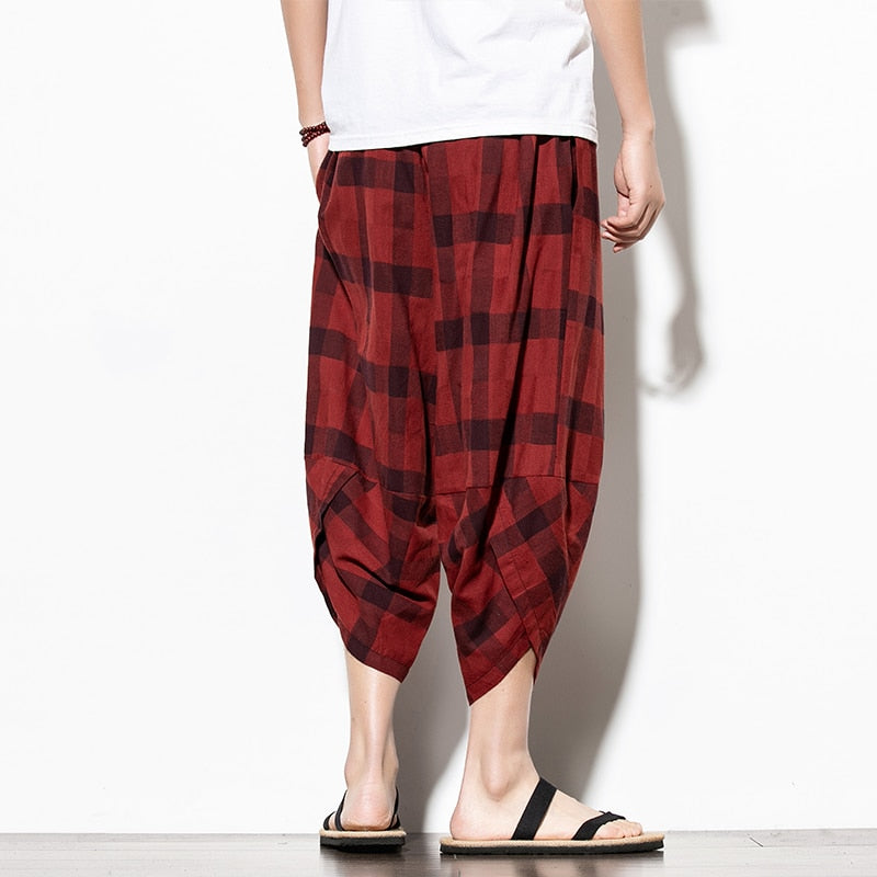 Streetwear Mens Cotton Beach Pants Male Summer Casual Calf-Length Pants Man Plaid Hip Hop Baggy Loose Trousers