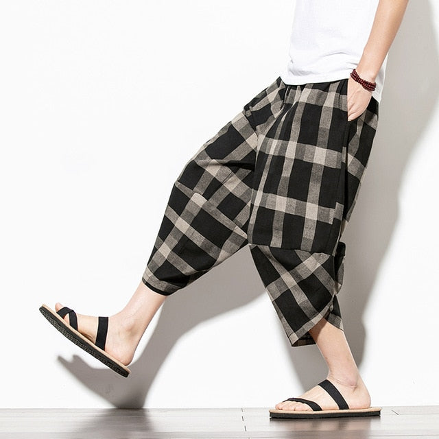 Streetwear Mens Cotton Beach Pants Male Summer Casual Calf-Length Pants Man Plaid Hip Hop Baggy Loose Trousers