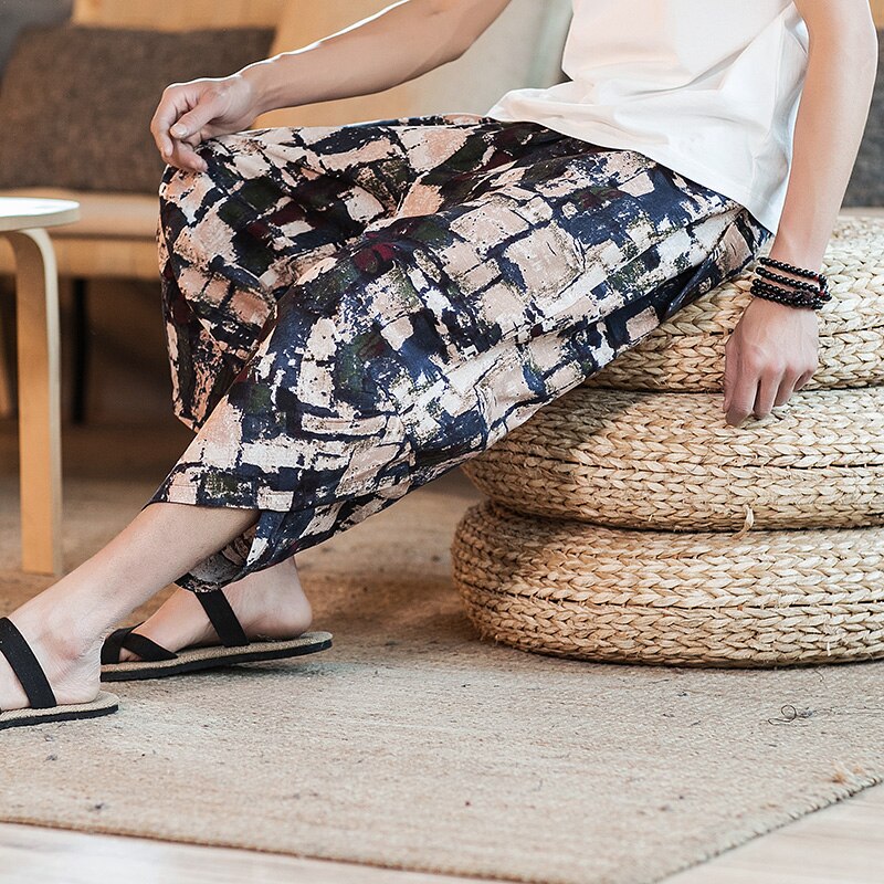 Streetwear Mens New Beach Pants Male Summer Casual Calf-Length Pants Man Chinese Style Baggy Loose Trousers Drawstring