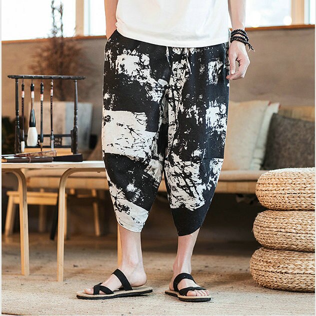 Streetwear Mens New Beach Pants Male Summer Casual Calf-Length Pants Man Chinese Style Baggy Loose Trousers Drawstring