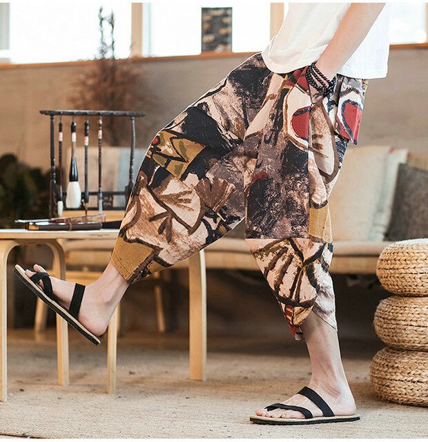 Streetwear Mens New Beach Pants Male Summer Casual Calf-Length Pants Man Chinese Style Baggy Loose Trousers Drawstring