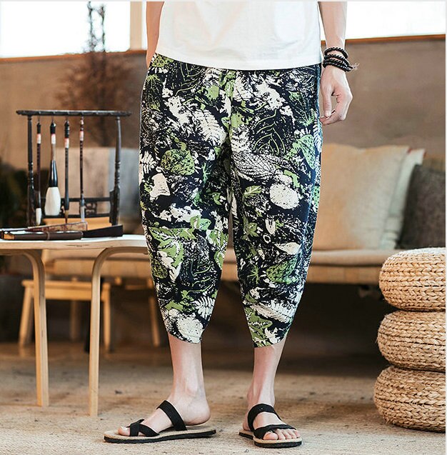 Streetwear Mens New Beach Pants Male Summer Casual Calf-Length Pants Man Chinese Style Baggy Loose Trousers Drawstring