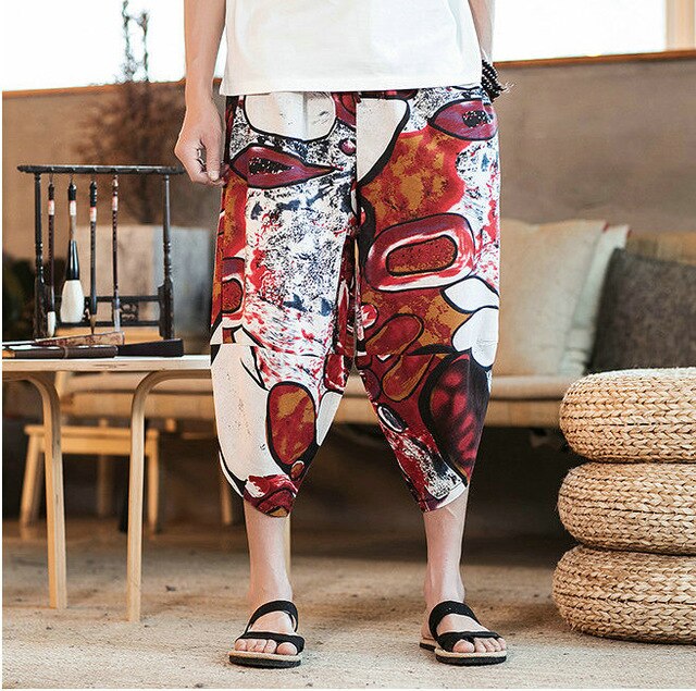 Streetwear Mens New Beach Pants Male Summer Casual Calf-Length Pants Man Chinese Style Baggy Loose Trousers Drawstring