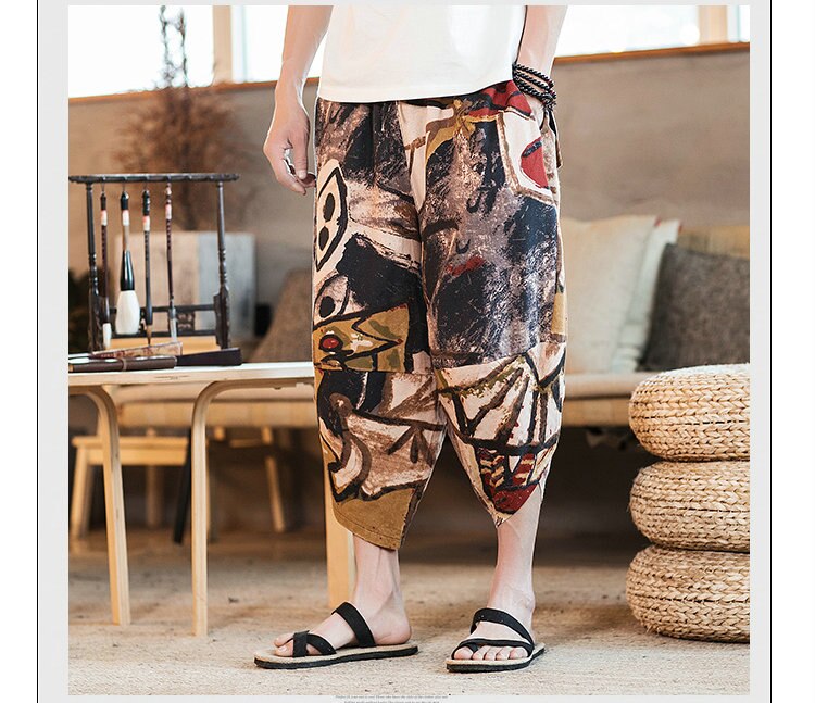 Streetwear Mens New Beach Pants Male Summer Casual Calf-Length Pants Man Chinese Style Baggy Loose Trousers Drawstring