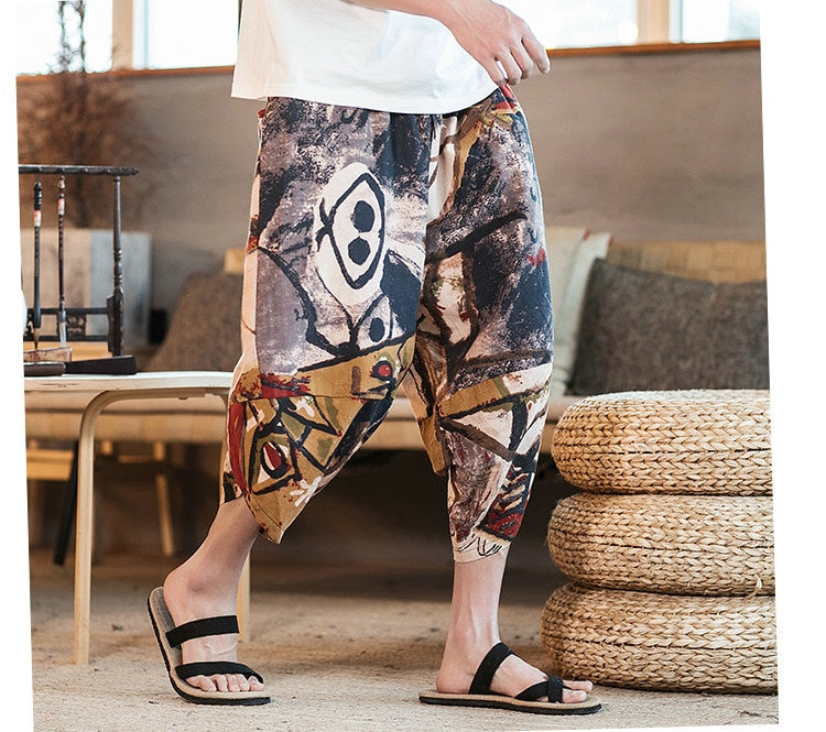 Streetwear Mens New Beach Pants Male Summer Casual Calf-Length Pants Man Chinese Style Baggy Loose Trousers Drawstring