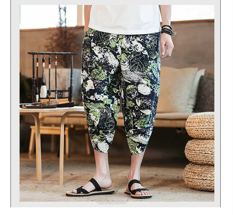 Streetwear Mens New Beach Pants Male Summer Casual Calf-Length Pants Man Chinese Style Baggy Loose Trousers Drawstring